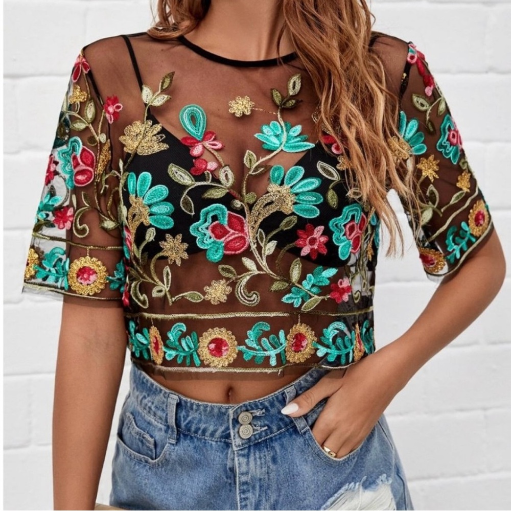 Floral Embroidery Black Mesh Top